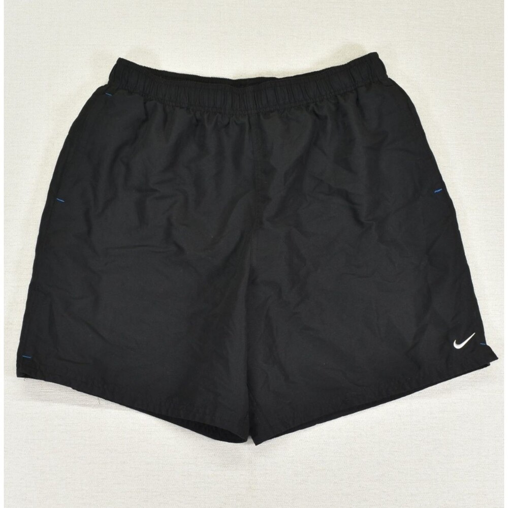 Nike Swim Trunks Mens L Board Shorts Mesh Lined Drawstring Black Blue Swoosh